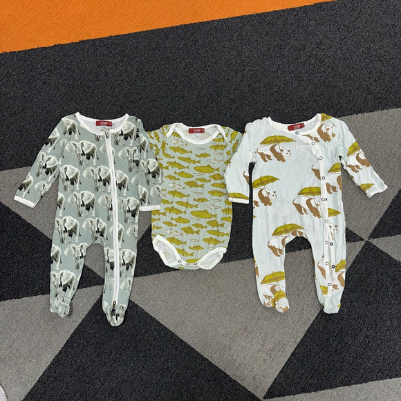 Milkbarn Lot of 3 6-9 m / 12-18 m Bodysuit Sleeper Baby Boy Fish Panda Elephant - Picture 1 of 12